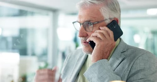 Phone call, office and mature businessman with stress for contact, communication and discussion