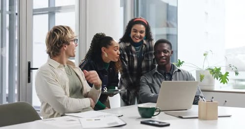 High five, teamwork and business people in office, creative agency and support with job success