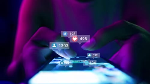 Business Woman Using Smartphone ,Icons Social Media Fly Over Showing People Engagement Connection