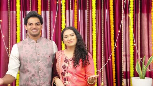 Happy Diwali, Happy Indian Couple Wishing Happy Diwali with Copy Space