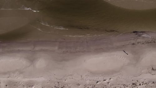 Hombre soltero y solitario camina por una playa de arena mientras las olas del océano chocan suavemente en la costa, Zumbido de arriba hacia abajo