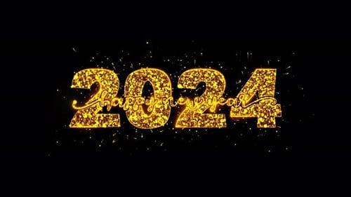 Happy New Year 2024 Greeting Luxury Text Golden Sparks Shiny Fireworks Celebrations Sparkles