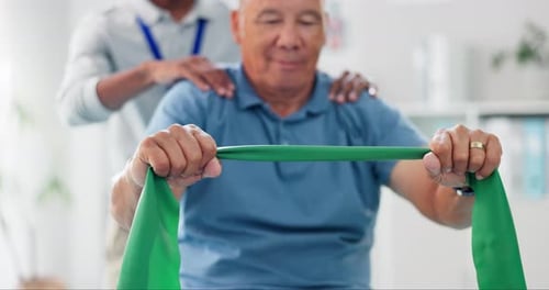 Resistance band, physical therapy and old man with physiotherapist, muscle training