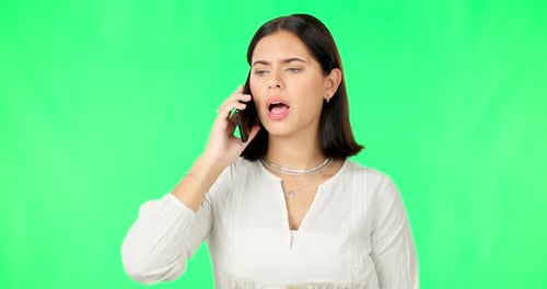 Phone call, angry conversation and woman with green screen feeling angry and frustrated from spam