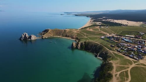 Aerial Cape Burkhan is a Cape on the West Coast of Olkhon Island on Lake Baikal