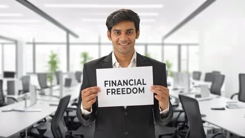 Happy Indian manager holding FINANCIAL FREEDOM banner