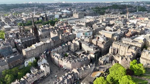 Drone view of Edinburgh city center architecture in Scotland, United Kingdom