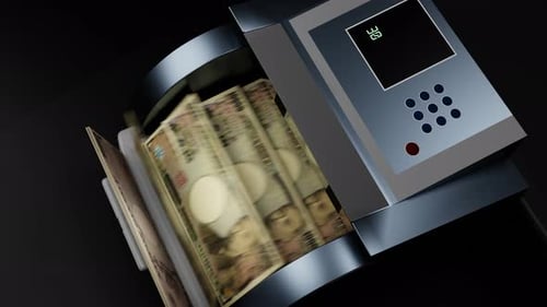 10000 Japanese yen in cash dispenser. Withdrawal of cash from an ATM.