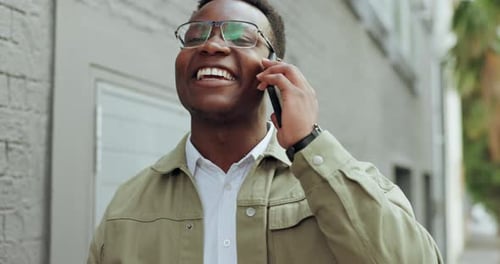 Business man, phone call and laughing in city for talking, listening or conversation with smile