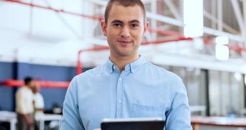 Businessman, face or tablet in coworking space, modern office or digital marketing company