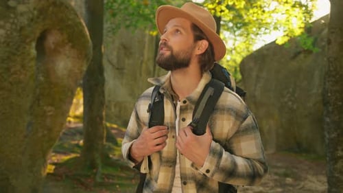 NEW YORK 19 May 2020 Young Handsome Man Wearing Hat Tourist Backpack Hiking Alone Admiring Sunshine