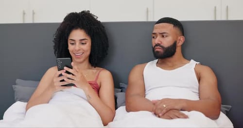 Couple, phone and jealous in bedroom for relationship with cheating, social media secret