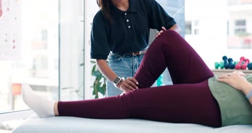 Physical therapy, people or physiotherapist legs support, recovery help or healing joint pain