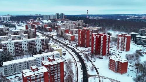 Nice high rise buildings covered in snow in winter. Vilnius city, Lithuania