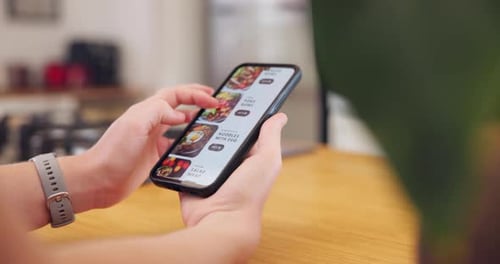 Food delivery, website and smartphone on hands of person on table for order