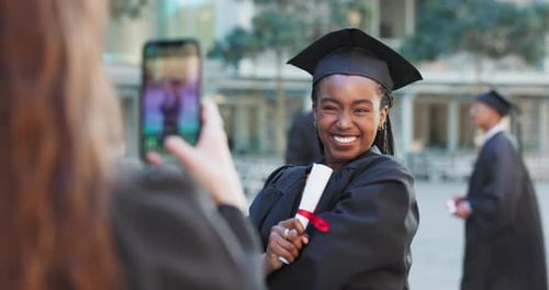 Smartphone, graduation and photography with a student, certificate and university with social media