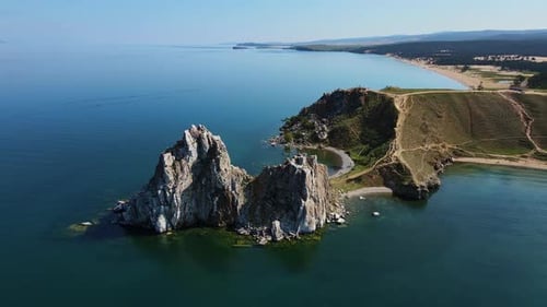 Aerial Cape Burkhan is a Cape on the West Coast of Olkhon Island on Lake Baikal