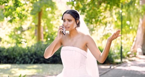 Phone call, angry and a bride in a garden on her wedding day, arguing or feeling stress at bad news
