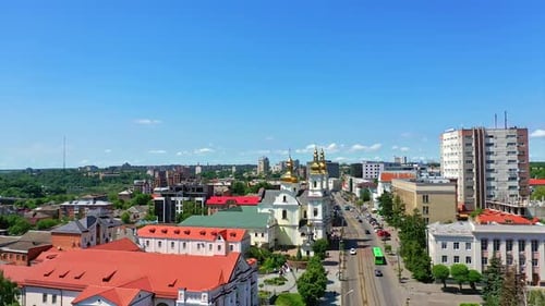 Vinnytsia, Ukraine cityscape on sunny bright day. Beautiful urban architecture around the river