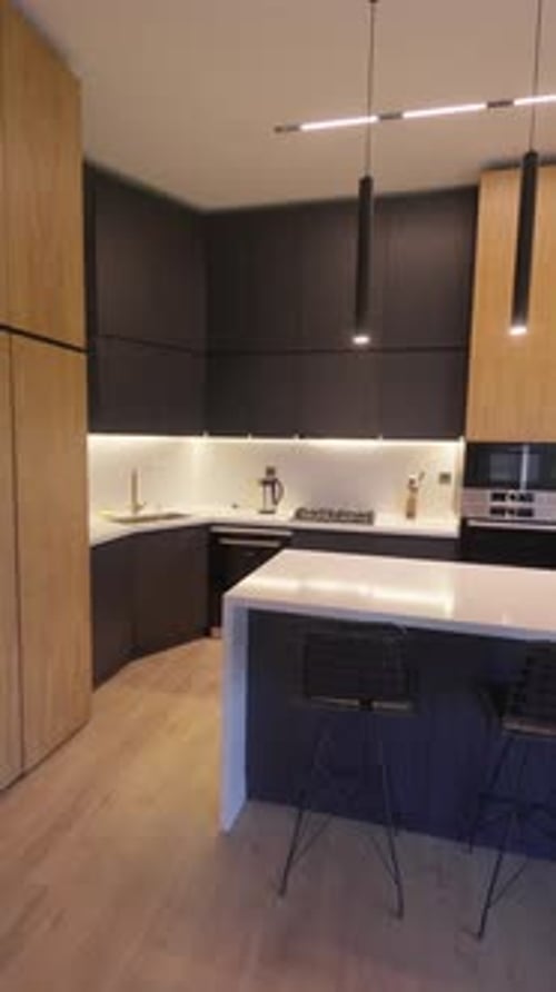 Modern kitchen interior with large windows. Modern kitchen with tropical views.