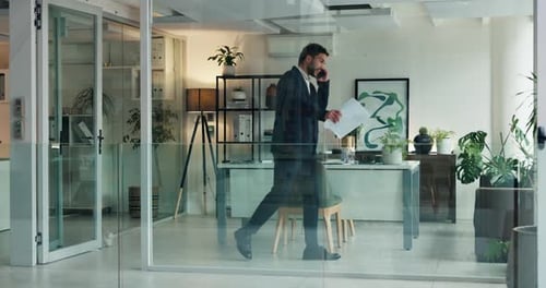 Angry, man and phone call in office, paperwork or unhappy with financial mistake