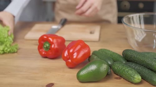 Chefs preparing vegetables for cooking salad with fresh vegetables