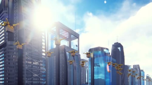 Drones Flying in a Modern Metropolis