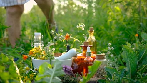 Uma mulher idosa coleta ervas medicinais