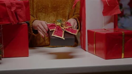 Close Up of Hands Holding Present Box with Ribbon and Bow Tie