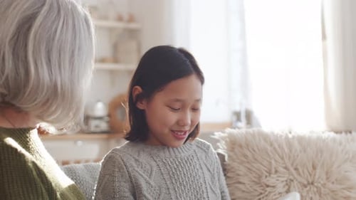 Alegre garota asiática recebendo presente de Natal e abraçando a avó