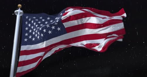 United States Flag Waving with Rain and Snow in the Night