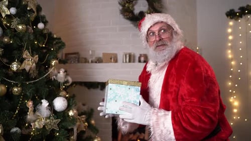 Papai Noel engraçado se aproxima sorrateiramente e coloca um presente de ano novo embaixo da árvore de Natal. Noite de dezembro