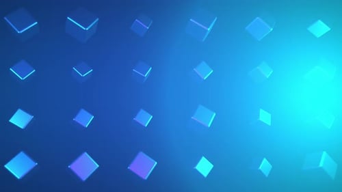 Abstract 3d geometric shapes in rows spinning on blue background
