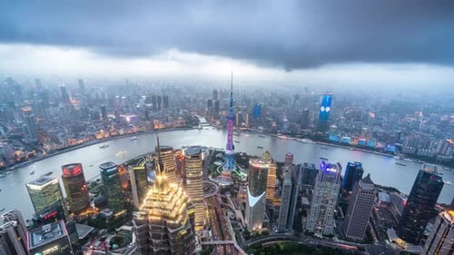 Timelapse of city skyline from day to night in Shanghai china