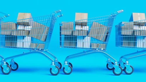 Animation of the line of carts full of packages.Concept of shopping and shipping