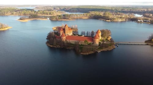 Trakai castle medieval gothic Island castle, located in the Galve lake. Aerial drone shot of the mos
