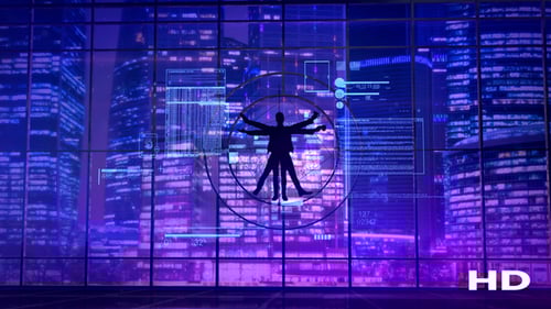 Hombre de Vitruvio en el fondo de las luces de neón