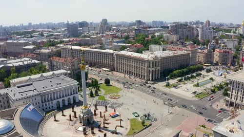 Aerial View of the Kyiv Ukraine Above Maidan Nezalezhnosti Independence Monument