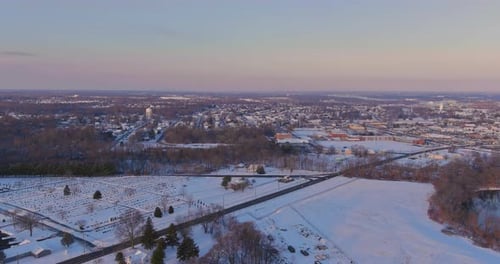 Winter Landscape Aerial View of Small Town Residential Courtyards Roof Houses Covered Snow