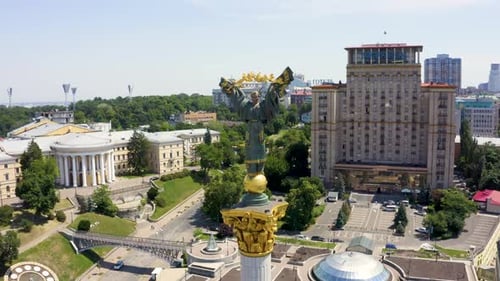 Aerial View of the Kyiv Ukraine Above Maidan Nezalezhnosti Independence Monument