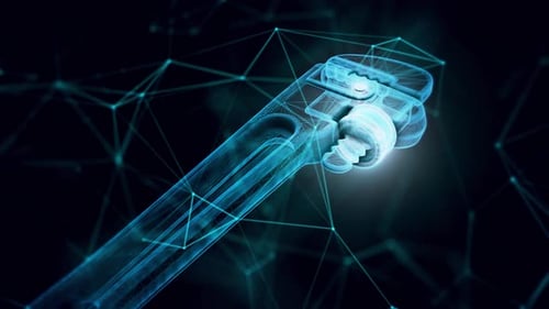 Blue Digital Cyber Pipe Wrench Hologram Close Up 4k