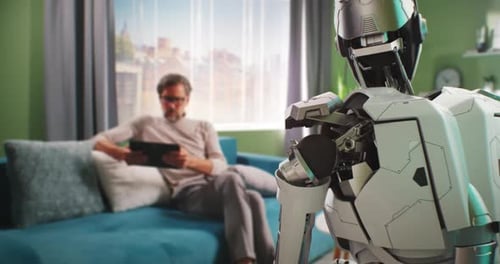 Mature Man Turning Off Android Robot at Home