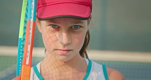 Close Up Portrait of Athlete Girl with Big Light Blue Eyes Looking To Camera,