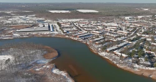 Winter Landscape Aerial View of Small Town Residential Courtyards Roof Houses Covered Snow