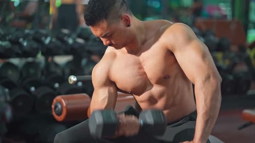 Asian attractive sportsman trainer workout, exercise to maintain muscle in gymnasium stadium.