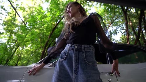 Sexy Lady Is Dancing Near White Auto in Nature, Slow Motion Shot, Romantic and Sensual Shot