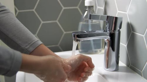 Close Up of Woman Washing Hands with Soap Foam