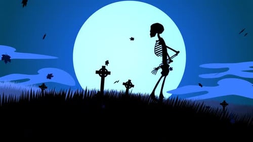 Une nuit effrayante au cimetière. Les squelettes marchent contre la lune
.