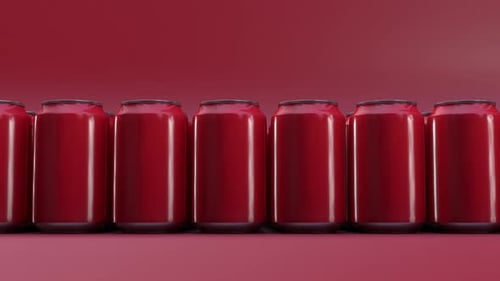 Viele rote Aluminiummetall-Sodadosen, Blechdosen-Koks-Produktionskonzept. 3d Animationsrendern