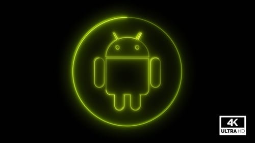 Glowing Neon Android Icon On Black Background Looped